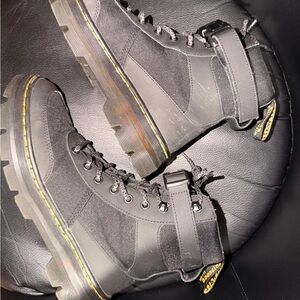 Dr. Martens Black Leather Lace-Up Combs Boots with Yellow Stitching